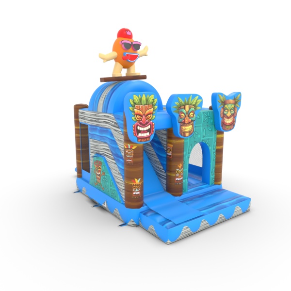 Inflatable with slide combo printed in Hawaiian Tiki theme